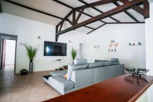 a living room with a couch and a flat screen tv at Magnifique villa avec piscine in Sainte-Anne