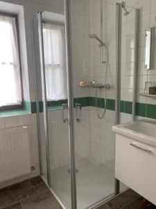 a bathroom with a shower and a sink at Koschak Wirt & Weinbauer in Heimschuh