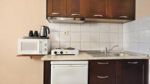 a kitchen with a sink and a microwave at House Chrysoula Mitsokopi in Sarti