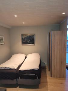 a bedroom with two beds and a wooden cabinet at Cozy studio apartment in central Akureyri. in Akureyri