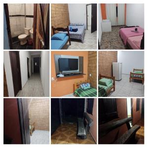 a collage of four pictures of a room with a tv at Pesque e Sorte Escondidinho in Santana do Riacho