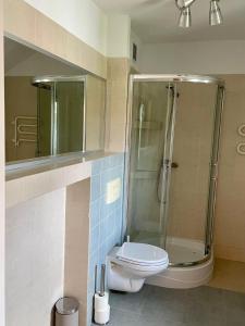a bathroom with a shower and a toilet and a mirror at Apartament Przytulny w Krynicy-Zdrój in Krynica Zdrój
