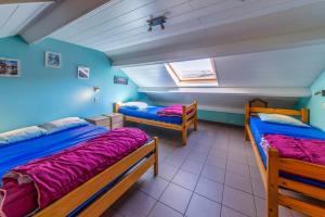 two beds in a room with blue walls at Gite d'Hamptay in Han-sur-Lesse