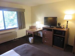 a bedroom with a television and a bed at AmericInn by Wyndham Worthington in Worthington