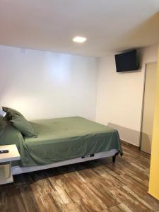 1 dormitorio con 1 cama y TV en la pared en Los Naranjos Apart Hotel en Villa Carlos Paz