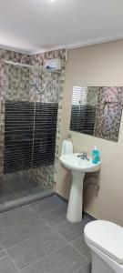 La salle de bains est pourvue de toilettes, d'un lavabo et d'une douche. dans l'établissement Lovely Cozy Keito, à Palm-Eagle Beach
