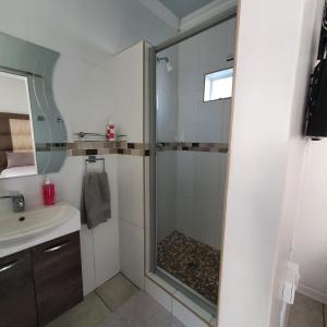 a bathroom with a shower and a sink at Nikita's Selfcatering Haven in Kimberley +8 photos