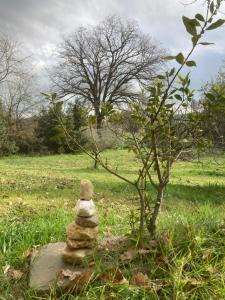 una pila di rocce vicino a un albero in un campo di Casa Calicanto a Corropoli