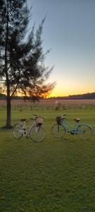 two bikes parked in a field with the sunset in the background at La Cipriana in Concepción del Uruguay