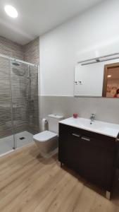 a bathroom with a toilet and a sink and a shower at Casa acogedora Mar de Albariño con Piscina in Cambados