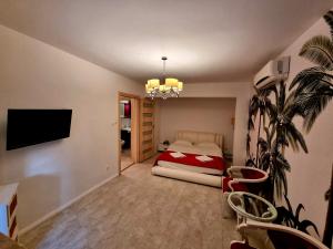 1 dormitorio con 1 cama y TV en la pared en Apartament Faleza, en Galaţi