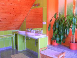 a bathroom with two sinks and a potted plant at Privat Baja in Liptovský Mikuláš +72 photos