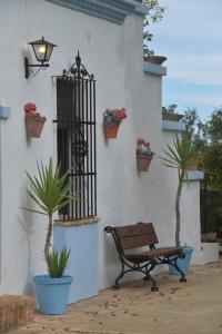 un banco sentado al lado de un edificio con macetas en La Casa del Valle . Descansar junto a Doñana en plena naturaleza., en Manzanilla