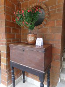 een tafel met een potplant op een bakstenen muur bij Hotel Casa de Lirio Diamante in Acapulco