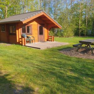 een hut met een houten terras en een picknicktafel bij Blokhut Plus Camping Alkenhaer in Appelscha