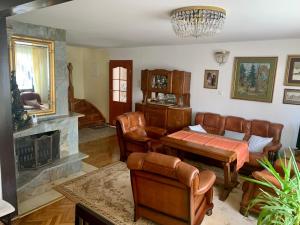 sala de estar con muebles de cuero y chimenea en Wakacyjny dom w Suchym Borze en Suchy Bór