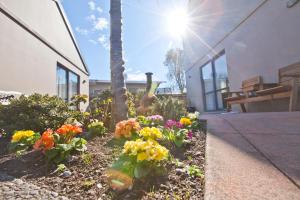 a garden with flowers in front of a building at 298 Westside Motor Lodge in Christchurch