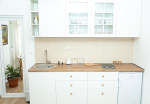 una cocina con armarios blancos y fregadero en Plamenatz studio apartments en Virpazar