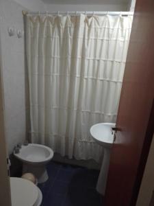 y baño con lavabo, aseo y cortina de ducha. en DEPTO BELGRANO en Salta
