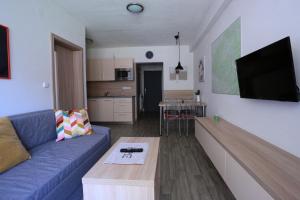 sala de estar con sofá azul y cocina en Apartman 13 Vsemina, en Všemina