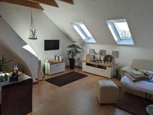a living room with skylights and a living room with a couch at Landambiente Hage in Halbemond