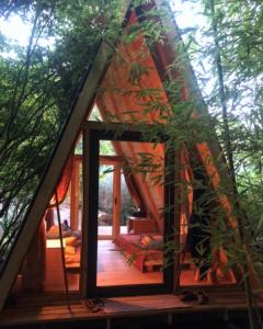 ein Zimmer in einem Baumhaus mit einem großen Fenster in der Unterkunft Ribeira Delos in Santa Marta de Penaguião