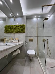 een badkamer met een toilet, een wastafel en een douche bij SPA Apartament Sirius house in Sveti Konstantin