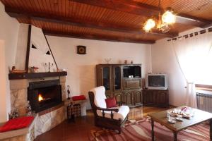 a living room with a fireplace and a table at Apartment Šume Pjevaju in Mrkopalj