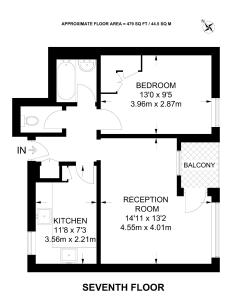 a black and white floor plan of a house at 1-double bedroom aparment in Central London in London