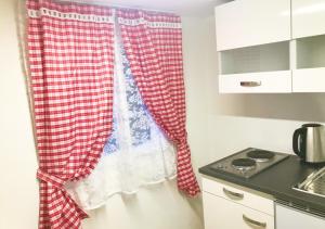 een rood-wit gordijn in een keuken bij Holiday Apartment in Swiss Alps in Gsteigwiler