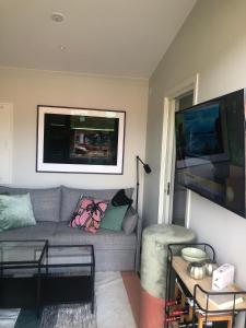 a living room with a gray couch and a tv at Gotland Tofta, Stuga med superläge! Havsutsikt på Tofta strand mindre än 10 minuter till en av Sveriges högst rankade golfbana! in Visby