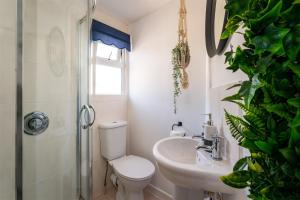 a bathroom with a toilet and a sink and a shower at Crab Shack Apartments - Stylish back beach duplex apartment, Teignmouth in Teignmouth