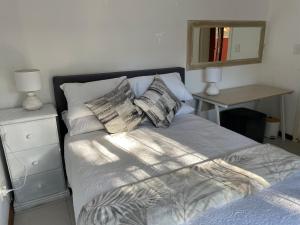 una camera da letto con letto, cuscini e specchio di 17 HAWKES HEAD SELF CATERING a East London