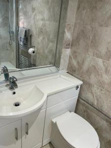 a bathroom with a toilet and a sink and a mirror at Travel Legend Stays 1 or 2 bedroom place with Hot Tub in Farnham Royal