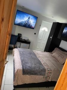 a bedroom with a large bed and a flat screen tv at Travel Legend Stays 1 or 2 bedroom place with Hot Tub in Farnham Royal