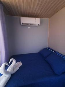 two swans laying on a blue bed in a room at Apartamento una habitación in San Isidro de El General