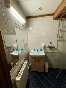 uma casa de banho com 2 lavatórios e um chuveiro em Sviit Nr. 7 Apartment em Võru