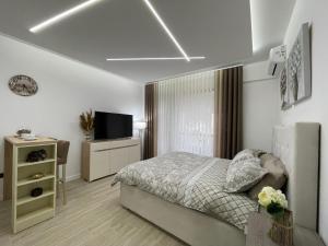 a bedroom with a bed and a television in it at Lasadu Studio in Casa Al Mare, 2 min to Beach in Bečići