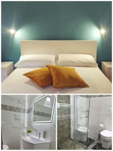 two pictures of a bedroom with a bed and a sink at A Due Passi dal Mare B&B in Scalea