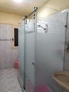 La salle de bains est pourvue d'une douche en verre et d'un lavabo. dans l'établissement sporting sea view two bedroom appartement, à Alexandrie