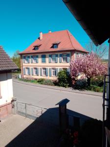 ein großes Haus mit rotem Dach auf einer Straße in der Unterkunft Gästehaus Brunhilde in Wittenweier