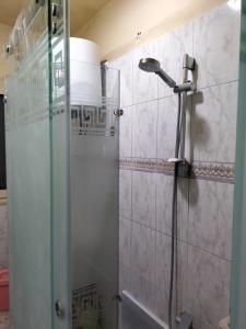La salle de bains est pourvue d'une douche avec une porte en verre. dans l'établissement sporting sea view two bedroom appartement, à Alexandrie