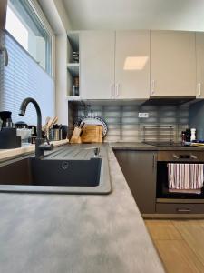 a kitchen with a sink and a counter top at Silver Residence Zamárdi By BLTN in Zamárdi