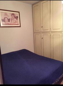 トリノにあるAppartamento in villa sulle colline di Torinoのベッドルーム1室(青いベッド1台付)が備わります。