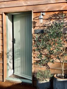 una puerta a una casa con un árbol al lado en Pear Tree Cabin, en Beaulieu