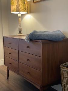 a dresser with a lamp on top of it at Pear Tree Cabin in Beaulieu