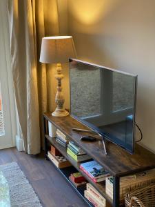 a flat screen tv on a table with a lamp at Pear Tree Cabin in Beaulieu