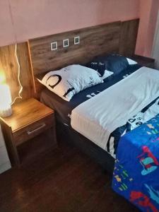 a bedroom with a bed and a wooden head board at Montevideo Port Hostel in Montevideo