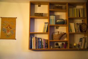 une étagère remplie de livres sur un mur dans l'établissement Hostel Bushati, à Prizren