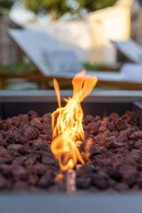 a piece of food on a table with fire at *NEW* The Palm Garden - Bright, Tropical Retreat! in Palm Beach Gardens